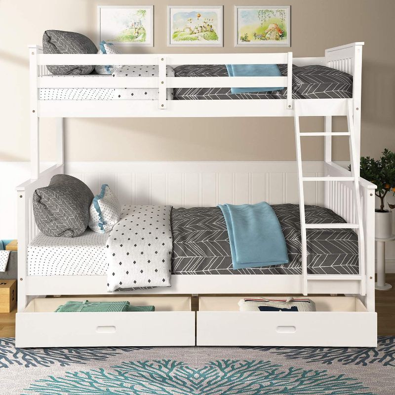 Photo 1 of **incomplete box 1 of 3 only***Twin-Over-Full Bunk Bed with Two Drawers, Solid Wood Bedframe with Ladders and Safety Guardrail, Detachable, for Kids Teens, White
