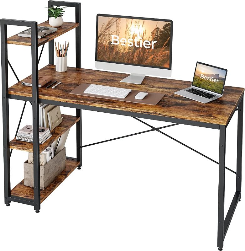 Photo 1 of Bestier Computer Desk with Storage Shelves - 55 Inch Home Office Desks with Reversible Bookshelf - Plenty Leg Room and Easy Assemble, Rustic Brown
