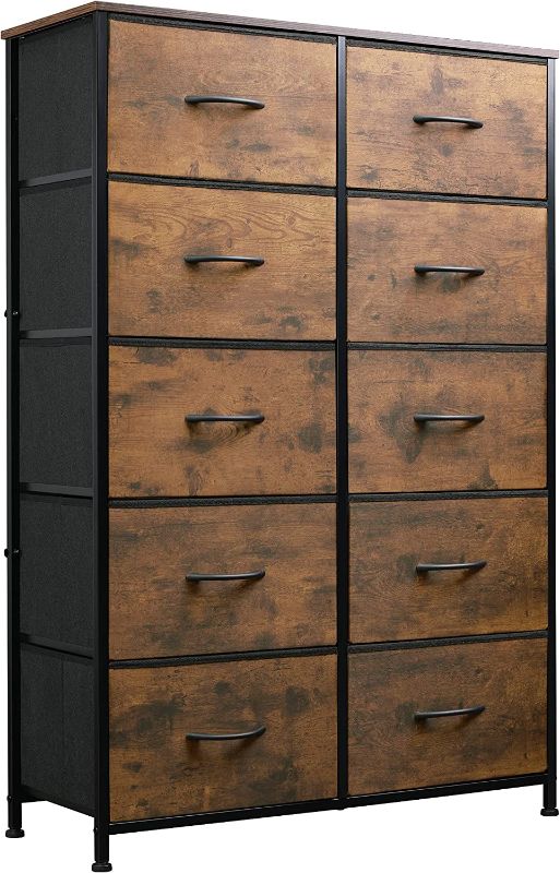 Photo 1 of WLIVE Tall Dresser for Bedroom with 10 Drawers, Chest of Drawers, Fabric Dresser for Nursery, Closets, Storage Organizer Unit with Fabric Bins, Steel Frame, Wood Top, Rustic Brown Wood Grain Print
