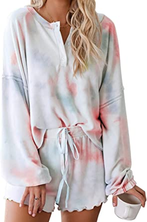 Photo 1 of BTFBM Women Pajamas Tie Dye Print Long Sleeve Shirt Elastic Drawstring Shorts Pant PJ Set Sleepwear Loungewear Nightgown Size S
