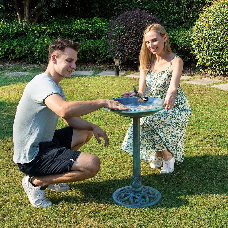 Photo 1 of 28 Inch Height Polyresin Lightweight Antique Outdoor Garden Bird Bath Green