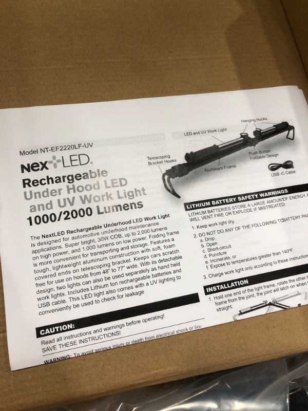 Photo 4 of NextLED Rechargeable 2000 Lumen Underhood UV Work Light Bar, 2 Lights in 1, Rotatable, 8000 mAh Battery, 49 to 77 Inch Telescoping