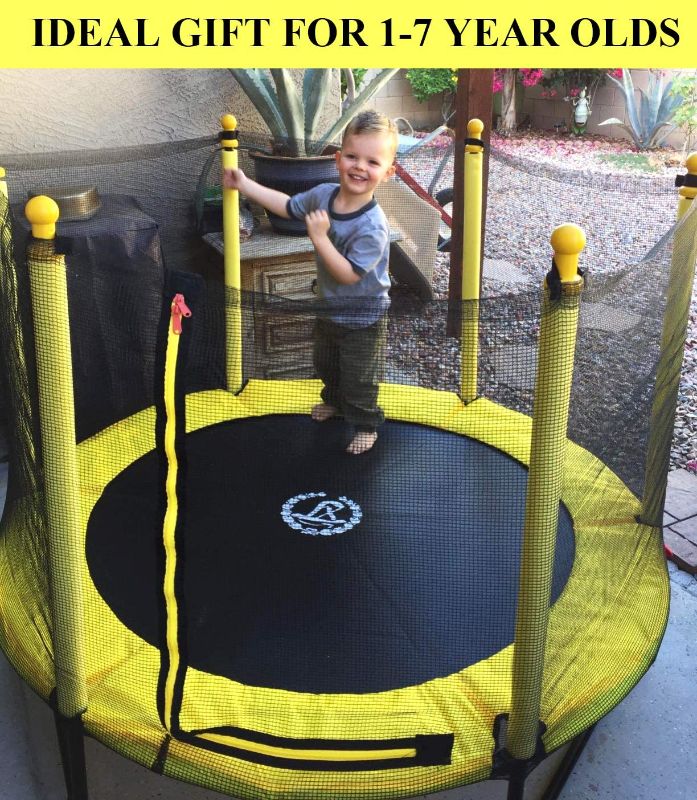 Photo 1 of 60" Trampoline for Kids - 5ft Outdoor & Indoor Mini Toddler Trampoline with Net, Basketball Hoop, Birthday Gifts for Kids, Gifts for Boys & Girls, Baby Toddler Trampoline Toys, Age 1-7