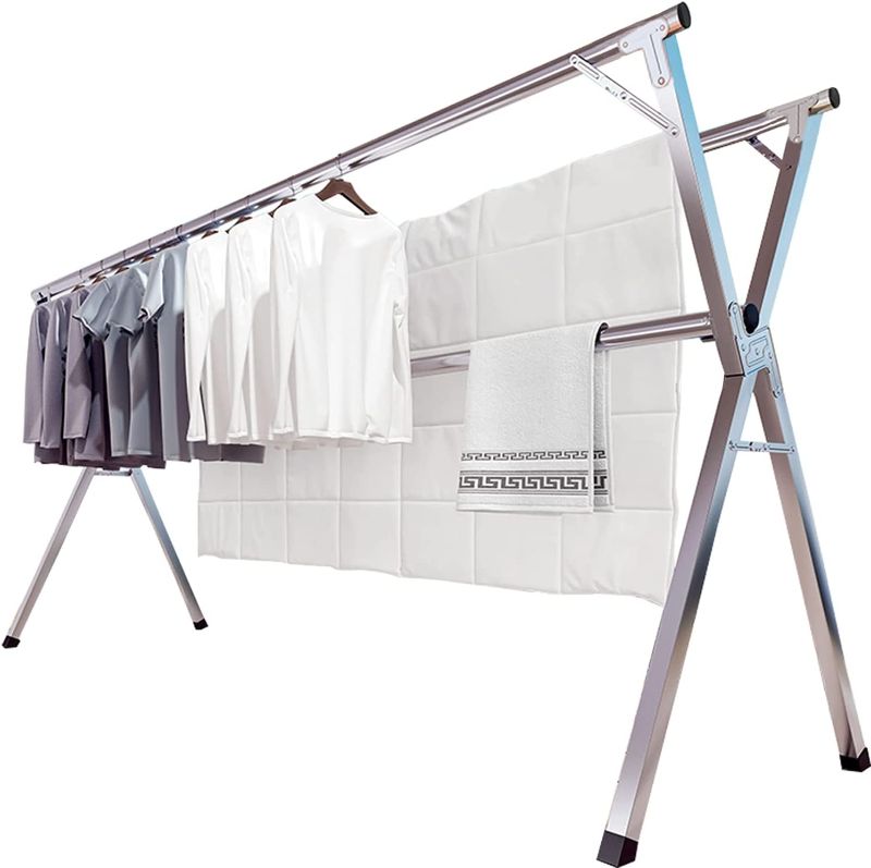 Photo 1 of  95 Inches Clothes Drying Rack, Stainless Steel Garment Rack Adjustable and Foldable Space Saving Laundry Drying Rack for Indoor Outdoor with 20 Windproof Hooks