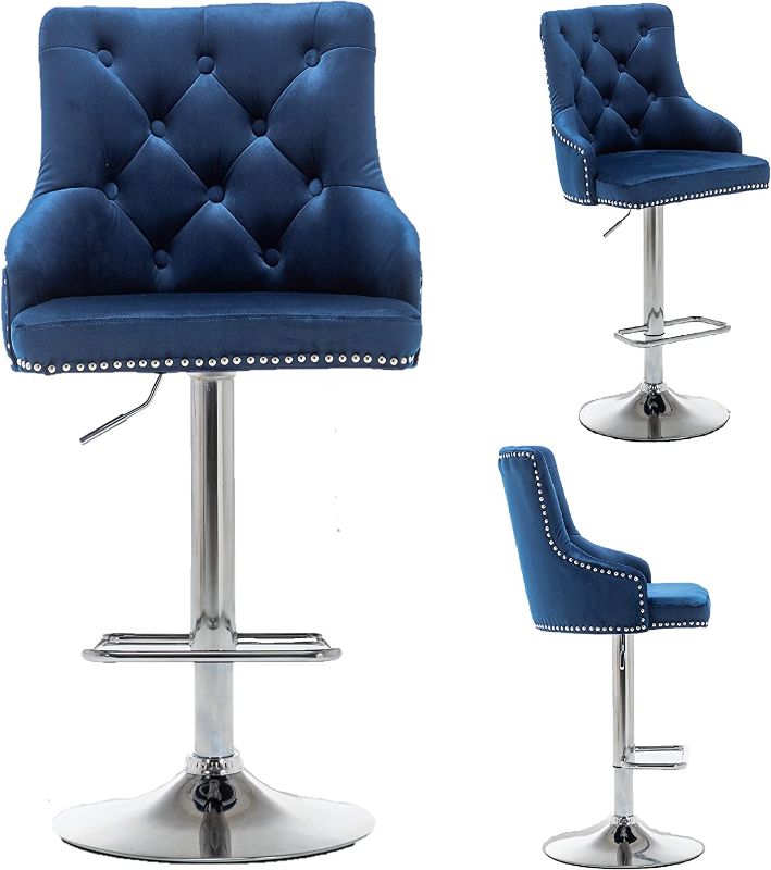 Photo 1 of BTEXPERT Swivel 33.5" Set of 2 Kitchen upholstered Dining Barstool 25"-33" Adjustable High Back Stool Counter Bar Chairs, Velvet Chrome, Blue Tufted Trim (5153-2a)
