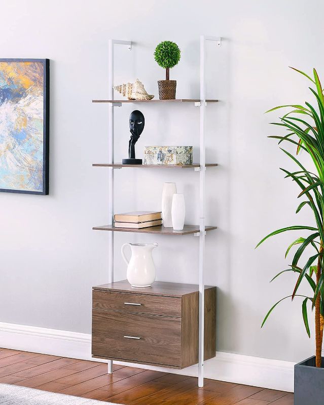 Photo 1 of Industrial Bookshelf with Drawers, Ohuhu 3-Tier Vintage Display Case Storage Shelves Bookcase Plant Flower Stand with Matte Steel Frame for Living Room Furniture Home Office
