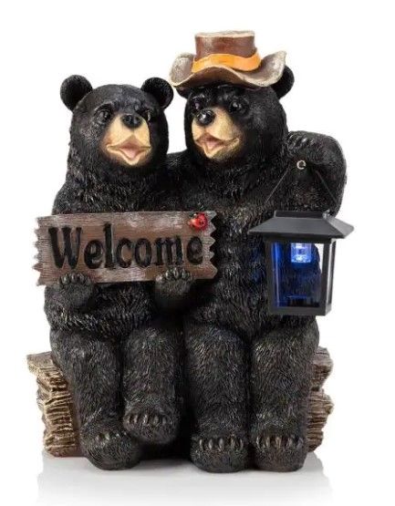 Photo 1 of 15 in. Tall Outdoor Bear Couple with Lantern and Welcome Sign Statue with Solar LED Light Yard Art Decoration
