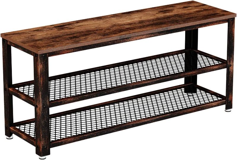 Photo 1 of  Rolanstar Shoe Bench, 3-Tier Shoe Rack 39.4”, Storage Entry Bench with Mesh Shelves Wood Seat, Rustic Foyer Bench for Hallway Front Door, Doorway, Living Room, Mudroom, Steel Frame, Rustic Brown