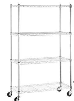 Photo 1 of Amazon Basics 4-Shelf Shelving Storage Unit on 3'' Wheel Casters, Chrome Silver (36L x 14W x 57.75H) & 3-Shelf Heavy Duty Shelving Storage Unit on 2' Wheel Casters, Chrome (23.2L x 13.4W x 32.75H)