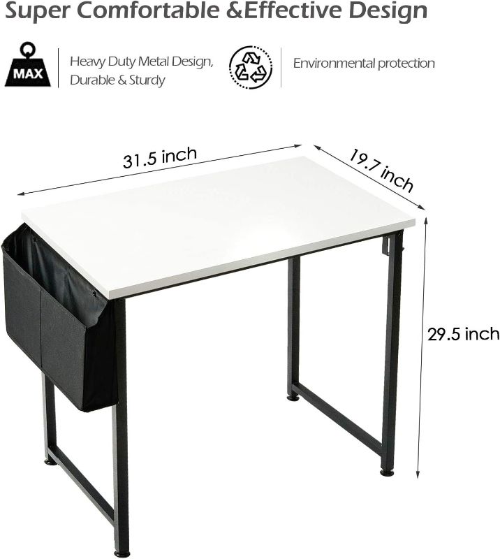 Photo 1 of LUFEIYA Small Computer Desk White Writing Table for Home Office Small Spaces 31 Inch Modern Student Study Laptop PC Writing Desks with Storage Bag Headphone Hook,White Black
