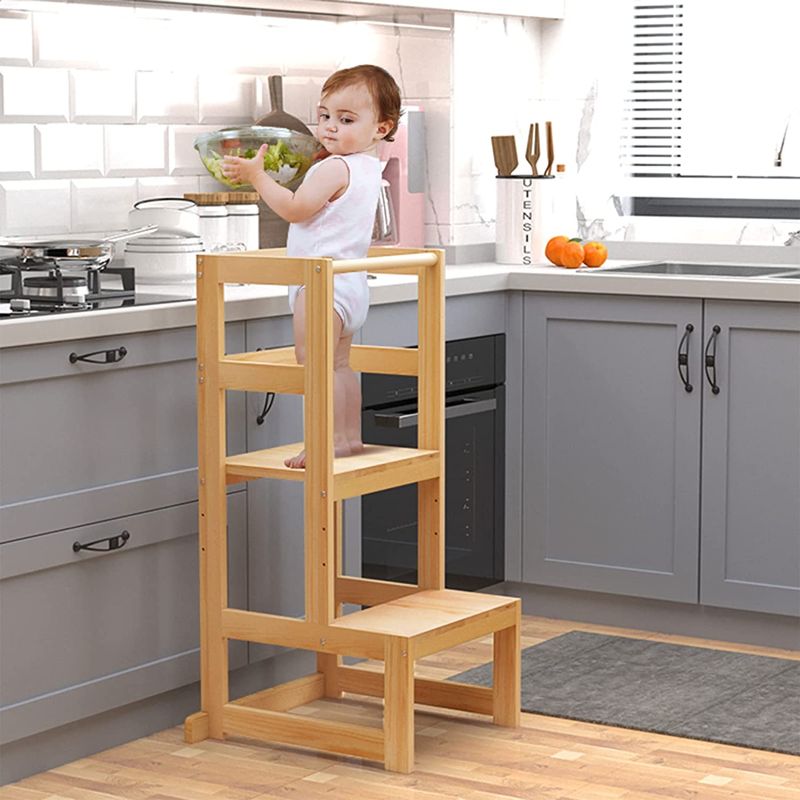 Photo 1 of AMBIRD Toddler Step Stool, 3 Adjustable Height Kitchen Step Stool for 18-48 Months Kids, Wooden Toddler Kitchen Stool with Rail & Non-Slip Mat for Kitchen & Bathroom Sink (Natural Color)
