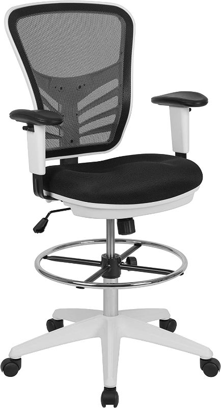 Photo 1 of Flash Furniture Mid-Back Black Mesh Ergonomic Drafting Chair with Adjustable Chrome Foot Ring, Adjustable Arms and White Frame