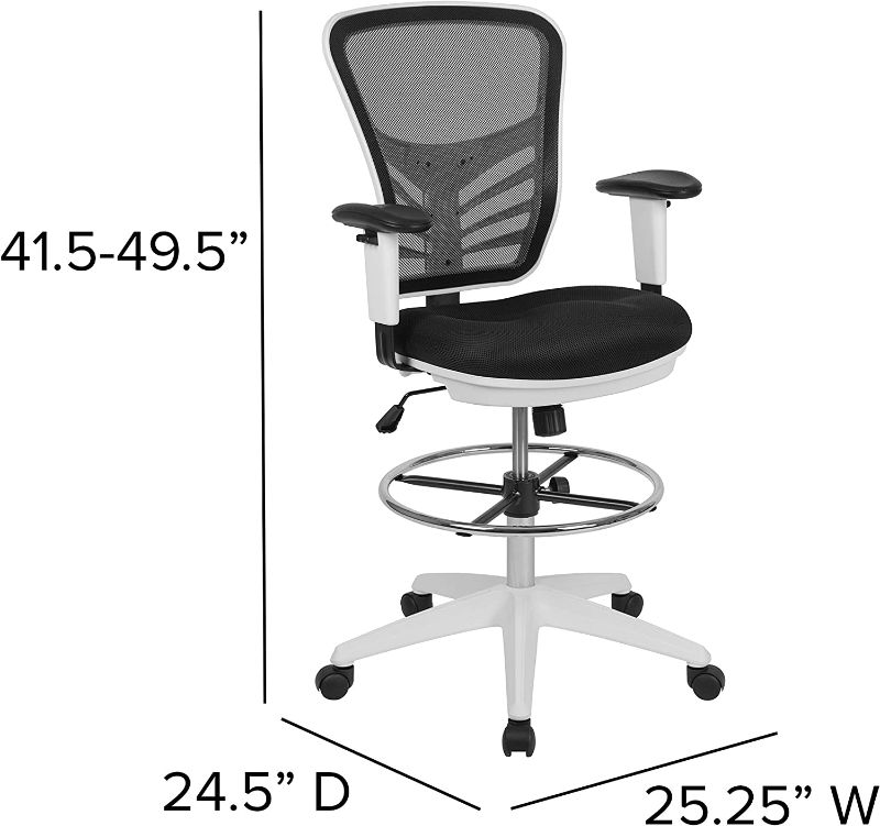 Photo 3 of Flash Furniture Mid-Back Black Mesh Ergonomic Drafting Chair with Adjustable Chrome Foot Ring, Adjustable Arms and White Frame