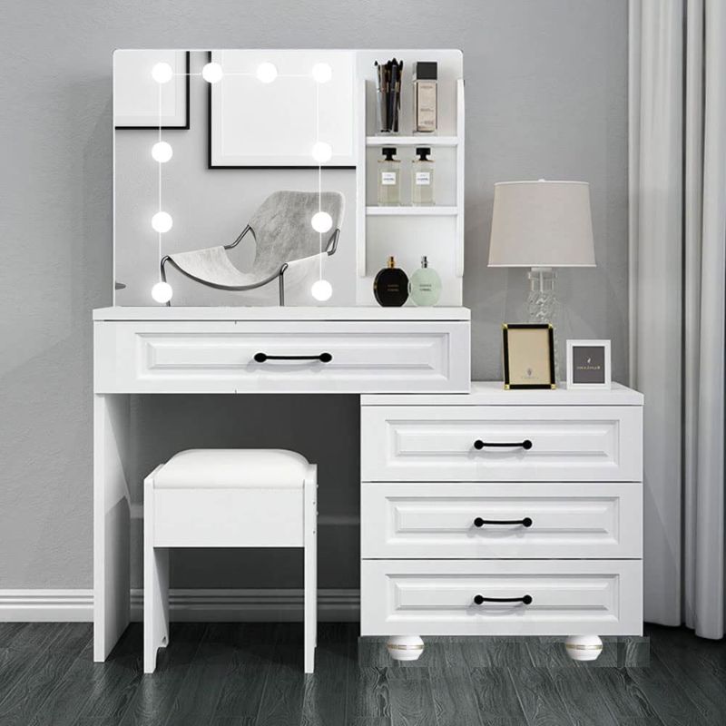 Photo 1 of ***MISSING COMPONENTS*** Vanity Set with Mirror and Cushioned Stool, Vanity Table Dressing Table Desk with Storage Shelves and Drawers for Bedroom White (White 51)
