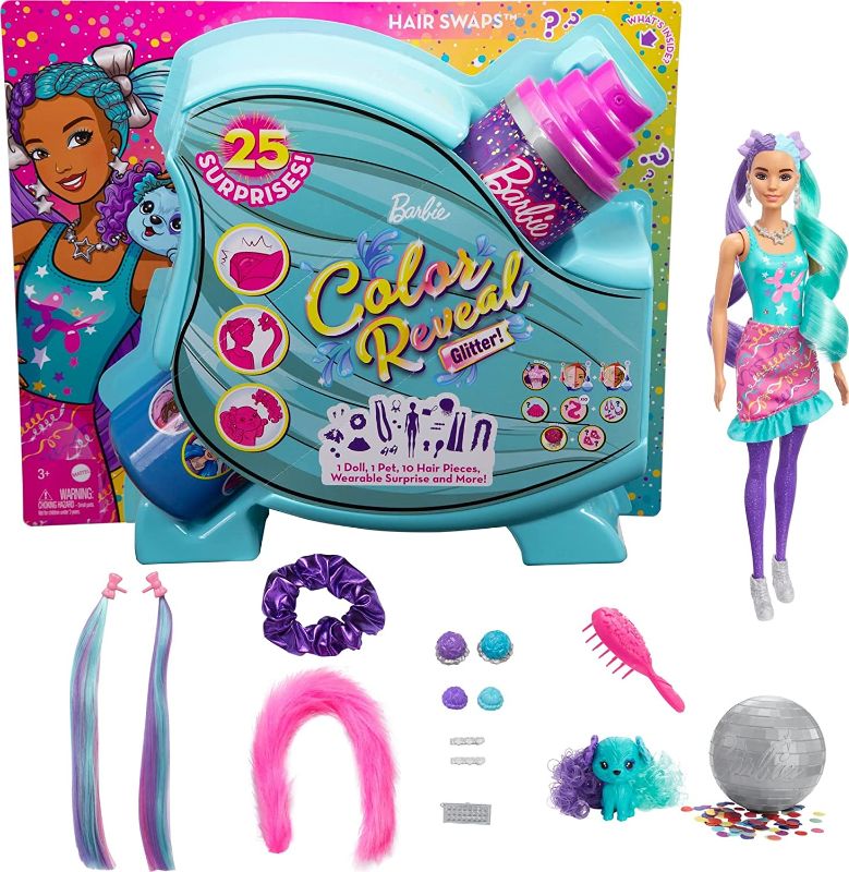 Photo 1 of Barbie Color Reveal Doll, Glittery Purple with 25 Hairstyling & Party-Themed Surprises Including 10 Plug-in Hair Pieces, Gift for Kids 3 Years Old & Up
