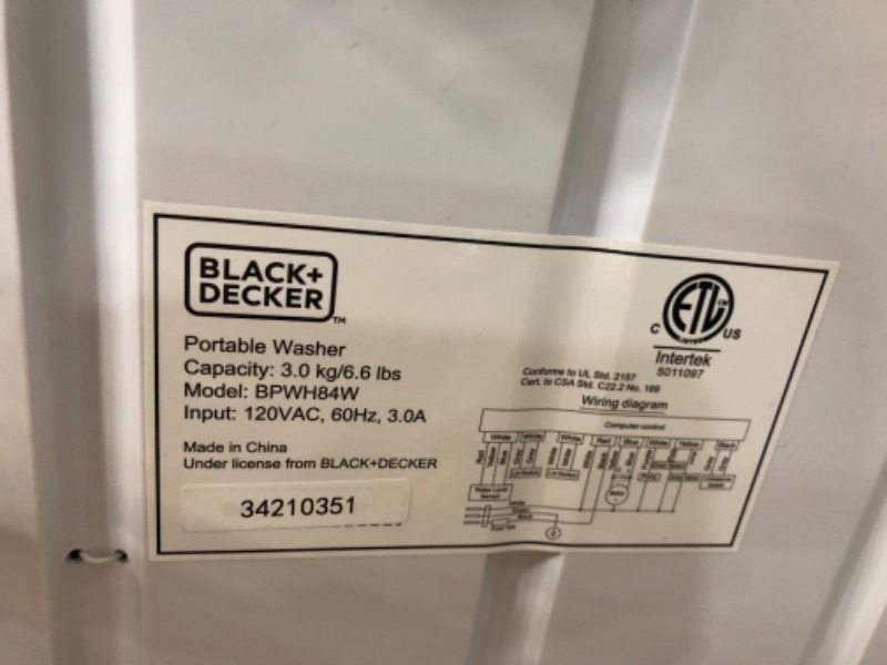 Photo 1 of BLACK+DECKER BPWH84W Washer Portable Laundry, White, 0.84 Cu. Ft.
