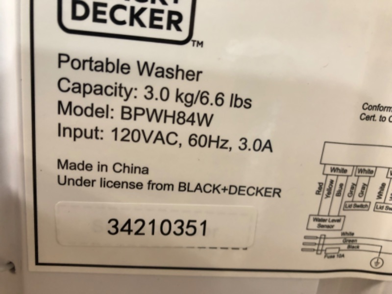 Photo 1 of BLACK+DECKER BPWH84W Washer Portable Laundry, White, 0.84 Cu. Ft.
