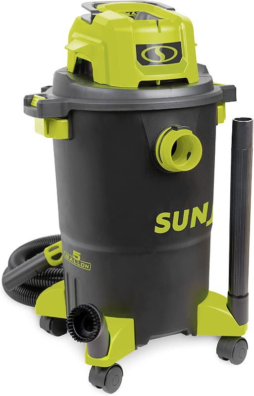 Photo 1 of (Used) Sun Joe SWD5000 5-Gallon 1200-Watt 7 Peak HP Wet/Dry Shop Vacuum, HEPA Filtration, Wheeled w/Cleaning Attachments, for Home, Workshops, Pet Hair and Auto Use, 5 Gallon, Black/Green
