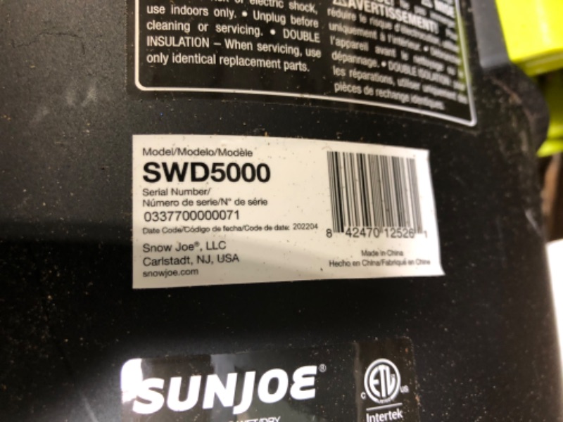 Photo 2 of (Used) Sun Joe SWD5000 5-Gallon 1200-Watt 7 Peak HP Wet/Dry Shop Vacuum, HEPA Filtration, Wheeled w/Cleaning Attachments, for Home, Workshops, Pet Hair and Auto Use, 5 Gallon, Black/Green
