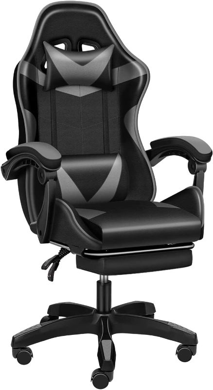 Photo 1 of (Major Damage - Missing Components) YSSOA FNGAMECHAIR01 Gaming Office High Back Computer Ergonomic Adjustable Swivel Chair with Headrest and Lumbar Support, with footrest, Black/Grey
