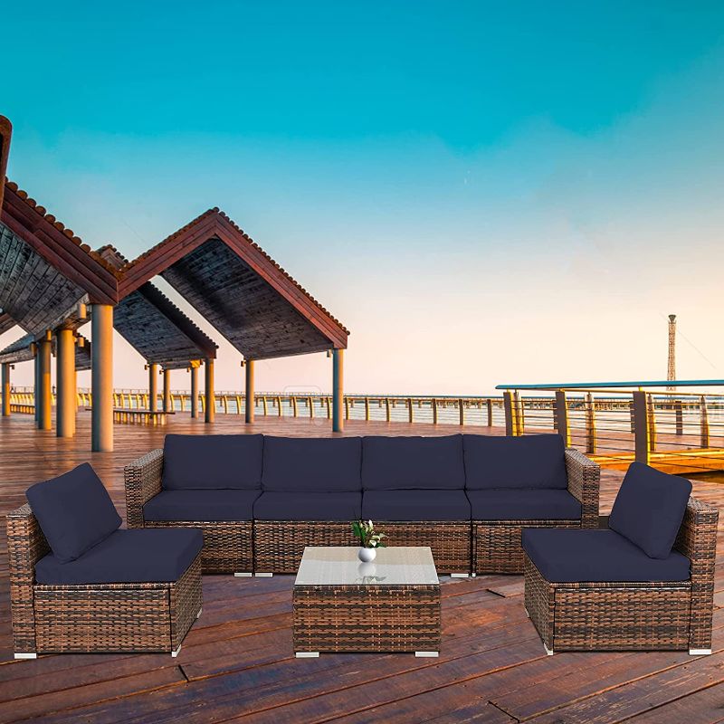 Photo 1 of **Incomplete - Parts Only** Outdoor Patio Furniture Sets 7 Piece Rattan Conversation Sectional Set Brown Manual Wicker Sofa Set with Coffee Table and Seat Cushions(Dark Blue Cushion)
