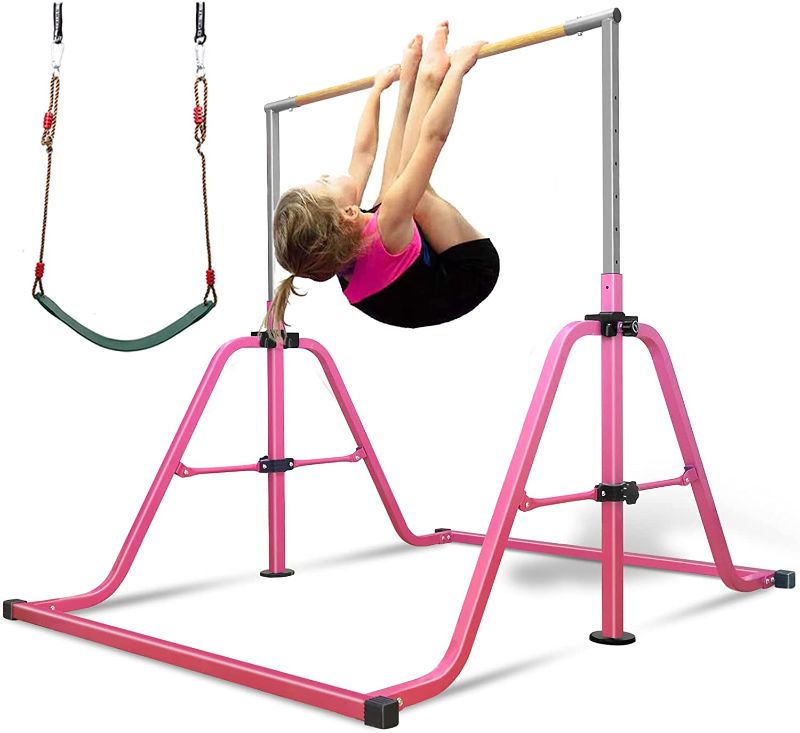 Photo 1 of (Used) Gymnastics Bar for Kids with Swing Set, 8 Heights Adjustable Easy Folding Gymnastic Training Bar Kids Monkey Horizontal Bars - Max Load 250LBS
