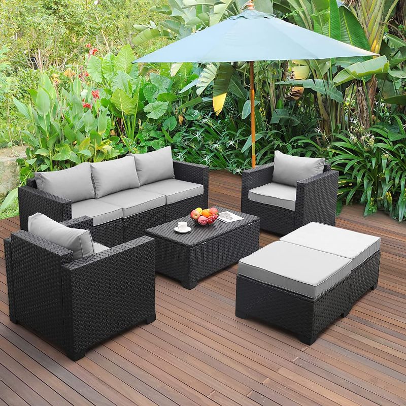 Photo 1 of (Incomplete - Parts Only) Outdoor Wicker Furniture Set 5 Pieces Patio Sectional Sofa Couch Set with Storage Table Beige Anti-Slip Cushions Furniture Covers
