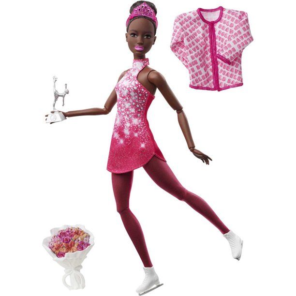 Photo 1 of Barbie Career Winter Sports Ice Skater Brunette Doll with Pink Dress, Jacket, Rose Bouquet and Trophy