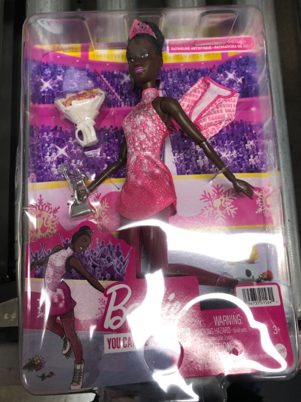 Photo 2 of Barbie Career Winter Sports Ice Skater Brunette Doll with Pink Dress, Jacket, Rose Bouquet and Trophy