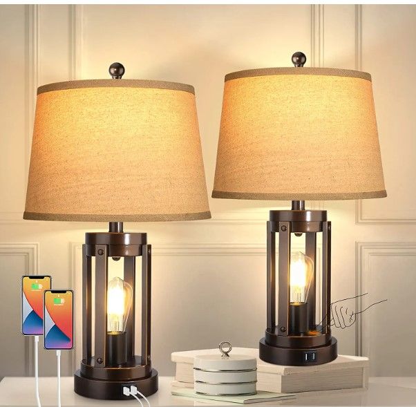 Photo 1 of Set of 2 Table Lamps with USB Ports, 3-Way Dimmable Farmhouse Touch Lamps, Bedside Lamp for Bedroom with AC Outlet, Modern ORB Nightstand Lamps Desk Lamp for Living Room Reading, Bulbs Included