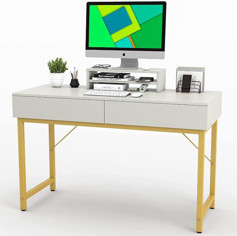 Photo 1 of WESTREE 39.3" Computer Gaming Desk Office - Study Writing Desk with Drawer for Teen, Bedroom Makeup Desk Home Office with Storage Shelf, Height Monitor Stand, White
