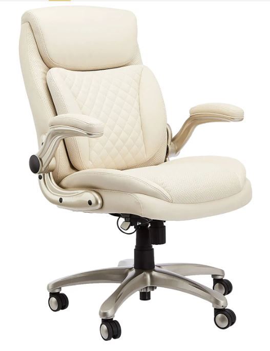 Photo 1 of AmazonCommercial Ergonomic Executive Office Desk Chair with Flip-up Armrests and Adjustable Height, Tilt and Lumbar Support, Cream Bonded Leather
