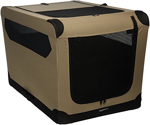 Photo 1 of Amazon Basics 3-Door Collapsible Soft-Sided Folding Soft Dog Travel Crate Kennel, Large (24 X 24 X 36 Inches), Tan
