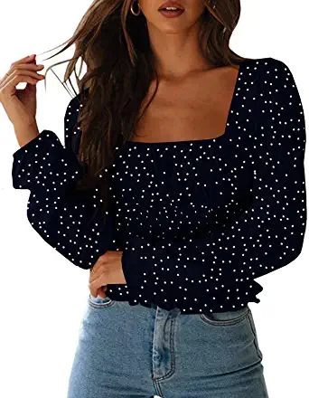 Photo 1 of CNJFJ Women's Sexy Frill Smock Crop Top Retro Square Neck Long Sleeve Shirred Blouse Tops
Size: Small