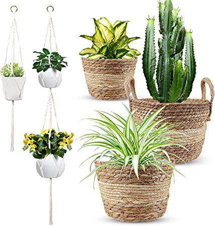 Photo 1 of 2+1 Tiered Macrame Hanging Planters Indoor and 3pcs Handmade Woven Seagrass Baskets for Boho Home Room Decor Interior Plant Hangers/Flower Pots, Gift for Plants Lovers
