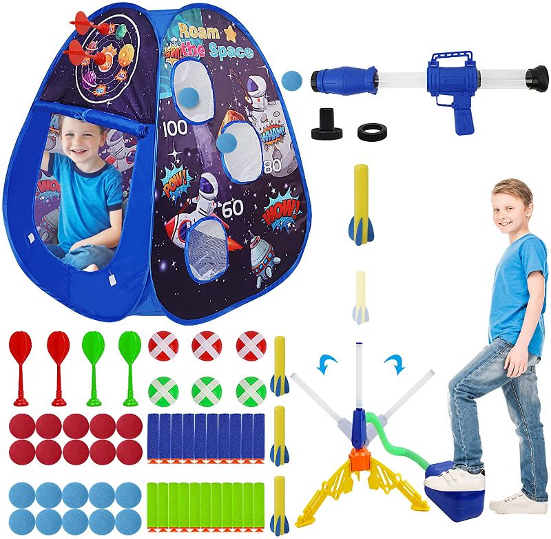 Photo 1 of Kids Play Tent with Shooting Games and Rocket Launcher for Kids, Multi-Function Toy Set for 4 5 6 7 8+ Years Old Boys and Girls Indoor Outdoor Games for Kids 3+(Space Blue)
