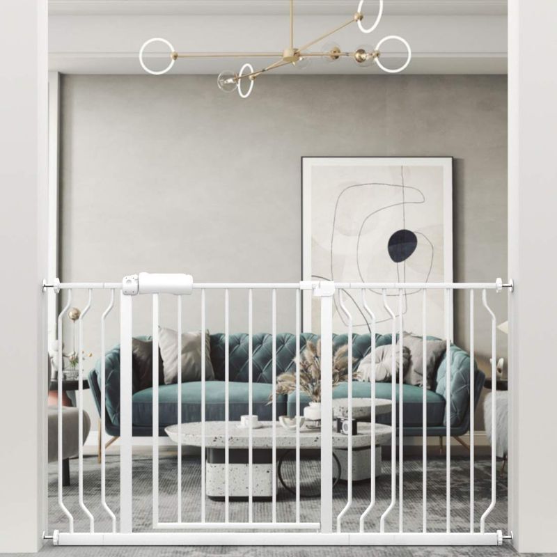 Photo 1 of ALLAIBB Extra Wide Pressure Mount Baby Gate Auto Close White Metal Child Dog Pet Safety Gates with Walk Through for Stairs,Doorways,Kitchen and Living Room 24.02-81.80 in (52.76-57.48"/134-146cm)
