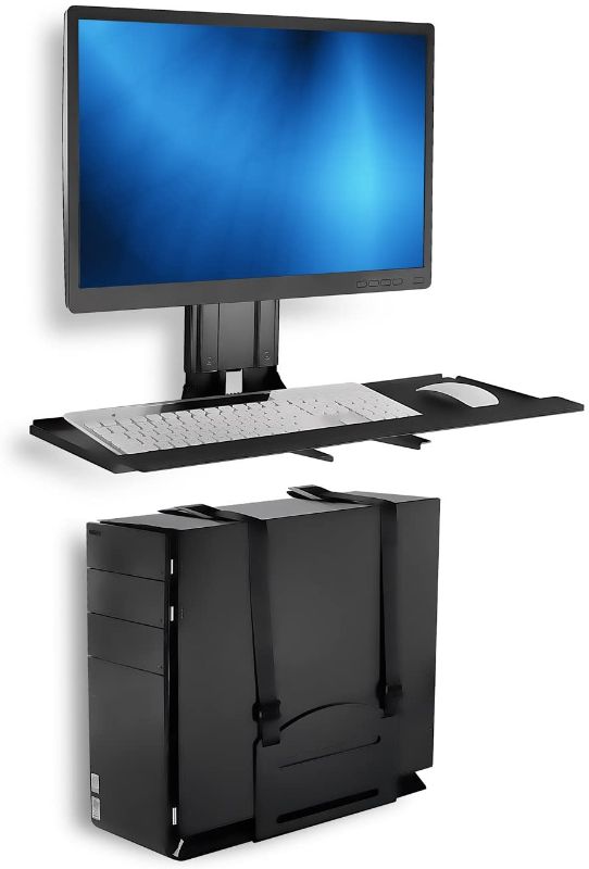 Photo 1 of Mount-It! Monitor and Keyboard Wall Mount with CPU Holder, Height Adjustable Standing VESA Keyboard Tray, 25 Inch Wide Platform with Mouse Pad (MI-7919)