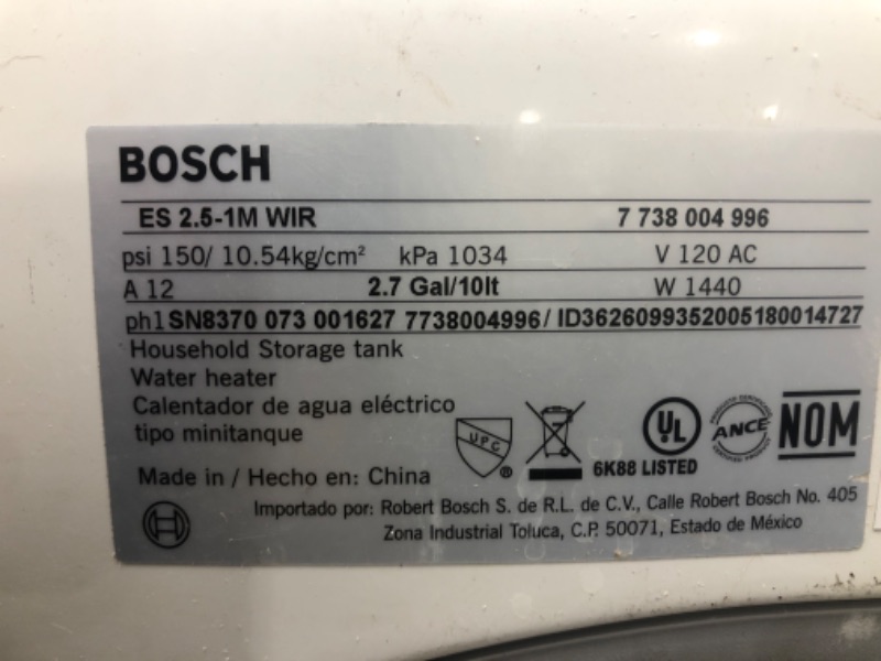 Photo 3 of ***PARTS ONLY*** Bosch Electric Mini-Tank Water Heater Tronic 3000 T 2.5-Gallon (ES2.5) - Eliminate Time for Hot Water - Shelf, Wall or Floor Mounted
