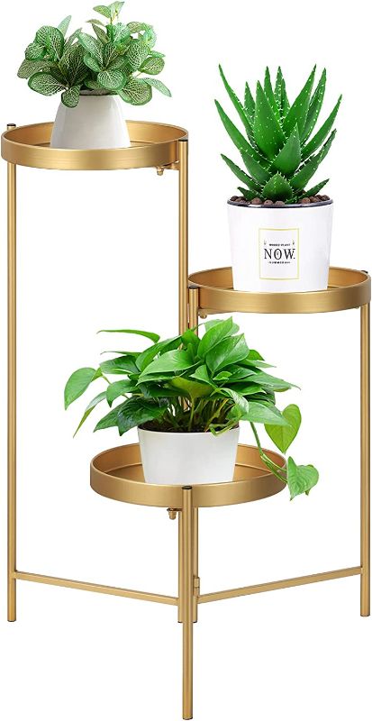 Photo 1 of 3 Tier Tall Corner Metal Plant Stands Holder, Foldable Tri-Level Iron Plants Tray Shelf Pot Stand for Plants Indoor, Multilayer Potted Planters Display Rack Table for Decoration(Golden,27in. H.)