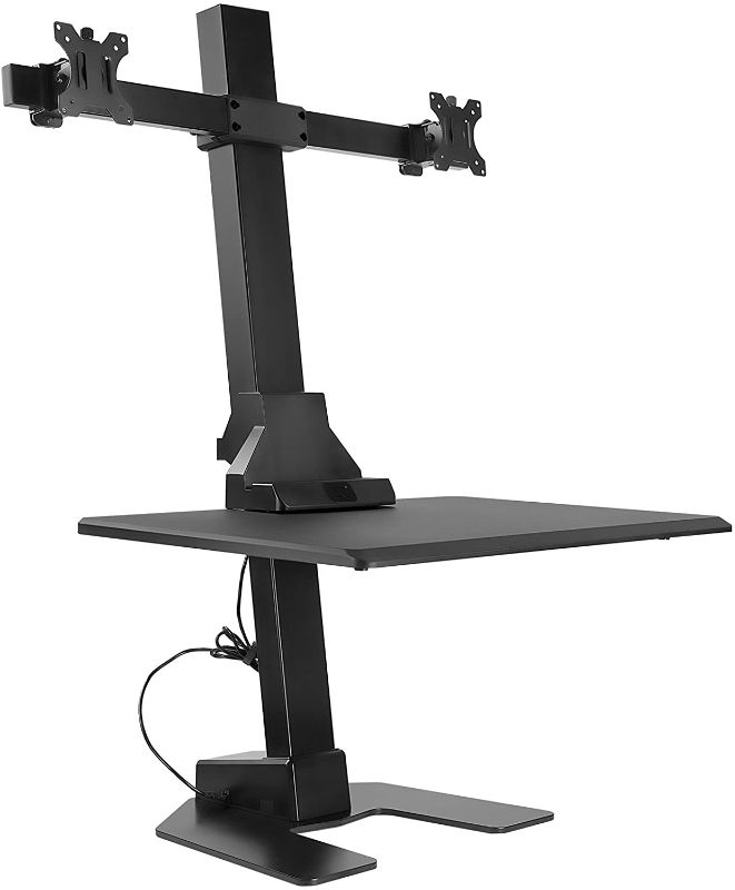 Photo 1 of Mount-It! Electric Standing Desk Converter, Motorized Sit Stand Desk with Dual Monitor Mount and iPhone/Tablet Slot, Ergonomic Height Adjustable Workstation, Black (MI-7952)
