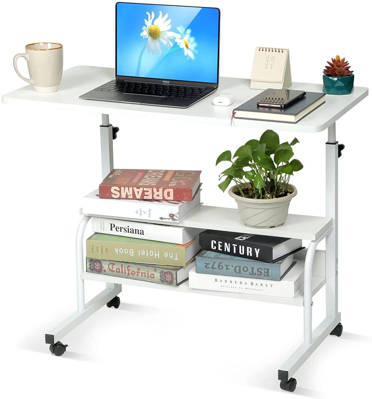 Photo 1 of Adjustable Desk Standing Desk Small Desks for Small Spaces Portable Laptop Computer Desk Table for Bedrooms Couch Desk for Home Office Table Mobile Rolling Desk on Wheels 31.5" White Desk with Storage
