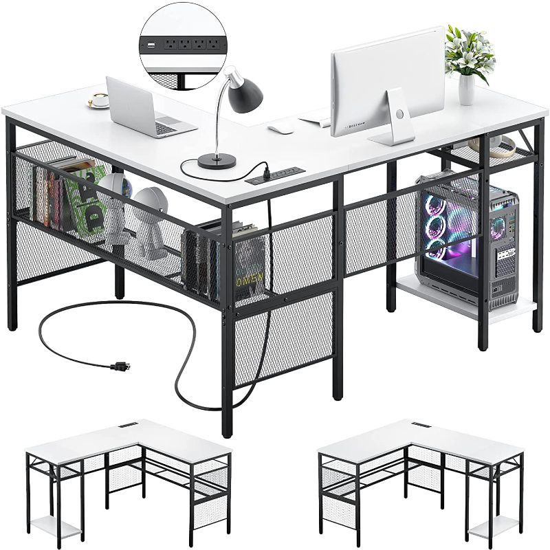 Photo 1 of ***PARTS ONLY INCOMPLETE*** Unikito L Shaped Desk with USB Charging Port and Power Outlet, Reversible L-Shaped Corner Computer Desk with Storage Shelves, Industrial 2 Person Gaming Table Modern Home Office Desk, White
