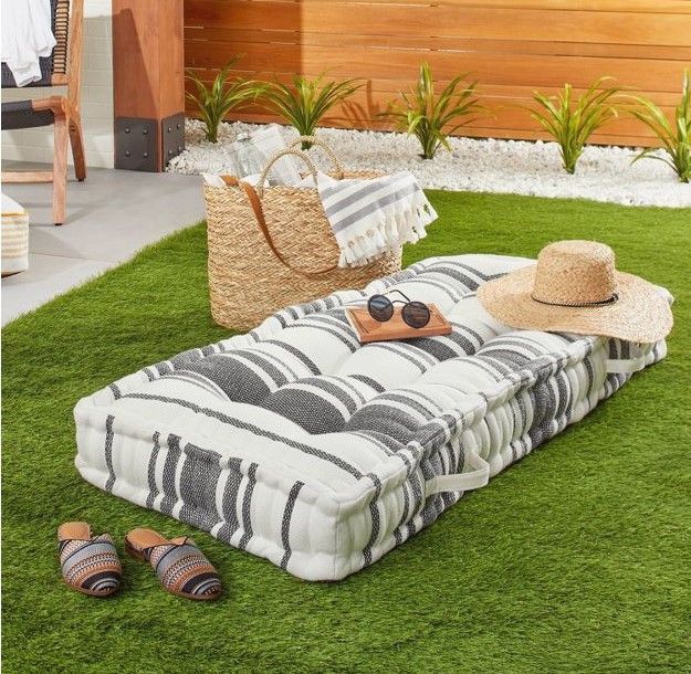 Photo 1 of 24" x 52" Variegated Stripe Indoor/Outdoor French Floor Cushion Dark Gray/Cream - Hearth & Hand™ with Magnolia