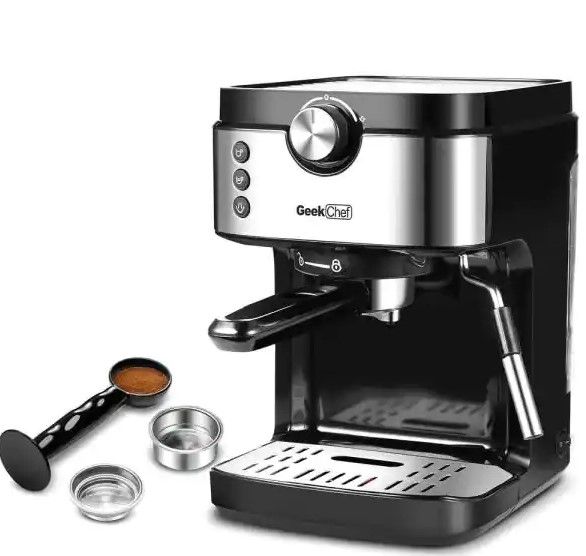 Photo 1 of 2- Cup Black Stainless Steel Espresso Machine with Foaming Milk Frother Wand
