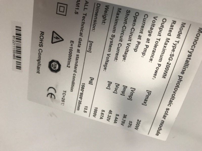 Photo 5 of MAJOR DAMAGE* PARTS ONLY*
SUNGOLDPOWER Solar Panel 200W 24V Monocrystalline Solar Panel 200 Watt Solar Module Grade A Solar Cell, Black, SG200WM24

