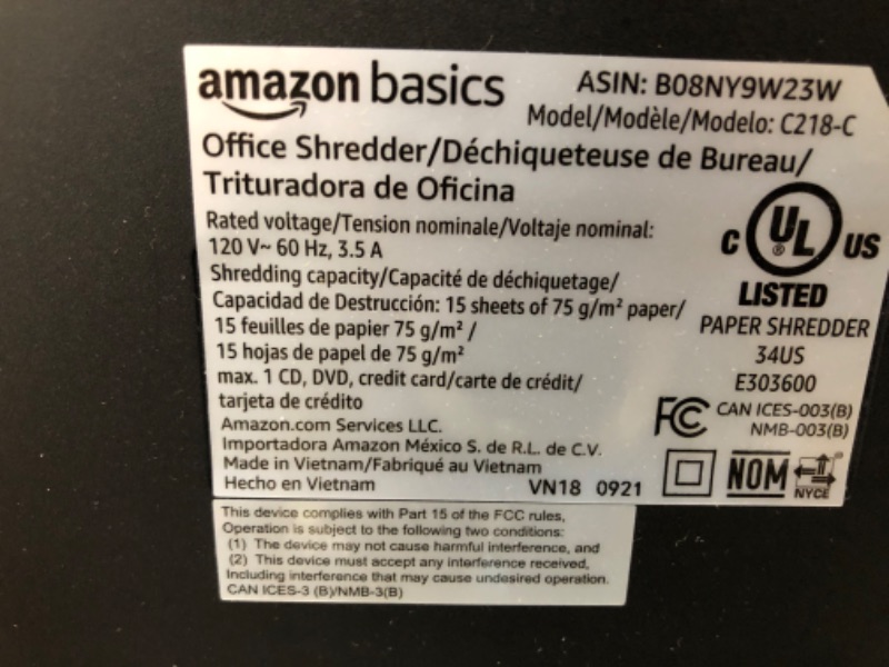 Photo 2 of TESTED POWERS ON*
Amazon Basics Cross Cut Paper Shredder and Credit Card CD Shredder with 6 Gallon Bin, 15 Sheet Capacity
