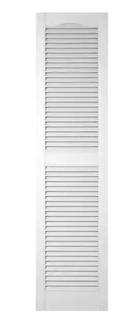 Photo 1 of 14-1/2 in. x 72 in. Lifetime Vinyl Standard Cathedral Top Center Mullion Open Louvered Shutters Pair Bright White
