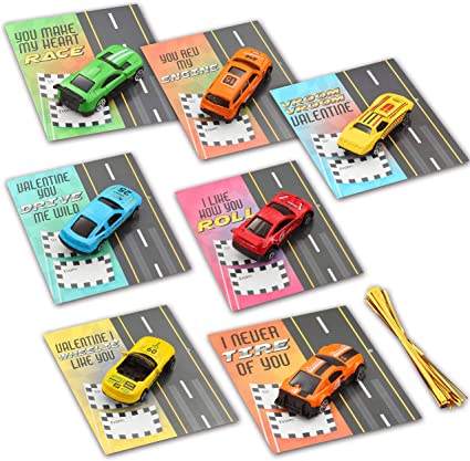 Photo 1 of 28 Valentines Day Die-Cast Racing Cars Gift Cards for Kids with Valentine’s School Classroom Exchange Greeting Cards, Vehicle Party Favor Toy Supplies.
