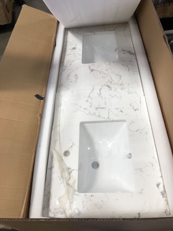 Photo 5 of (DAMAGED, BROKEN CRACKS) 61 in. W x 22 in. D Artificial Stone Vanity Top in Grey with White Rectangle Single Sink and Single Faucet Hole